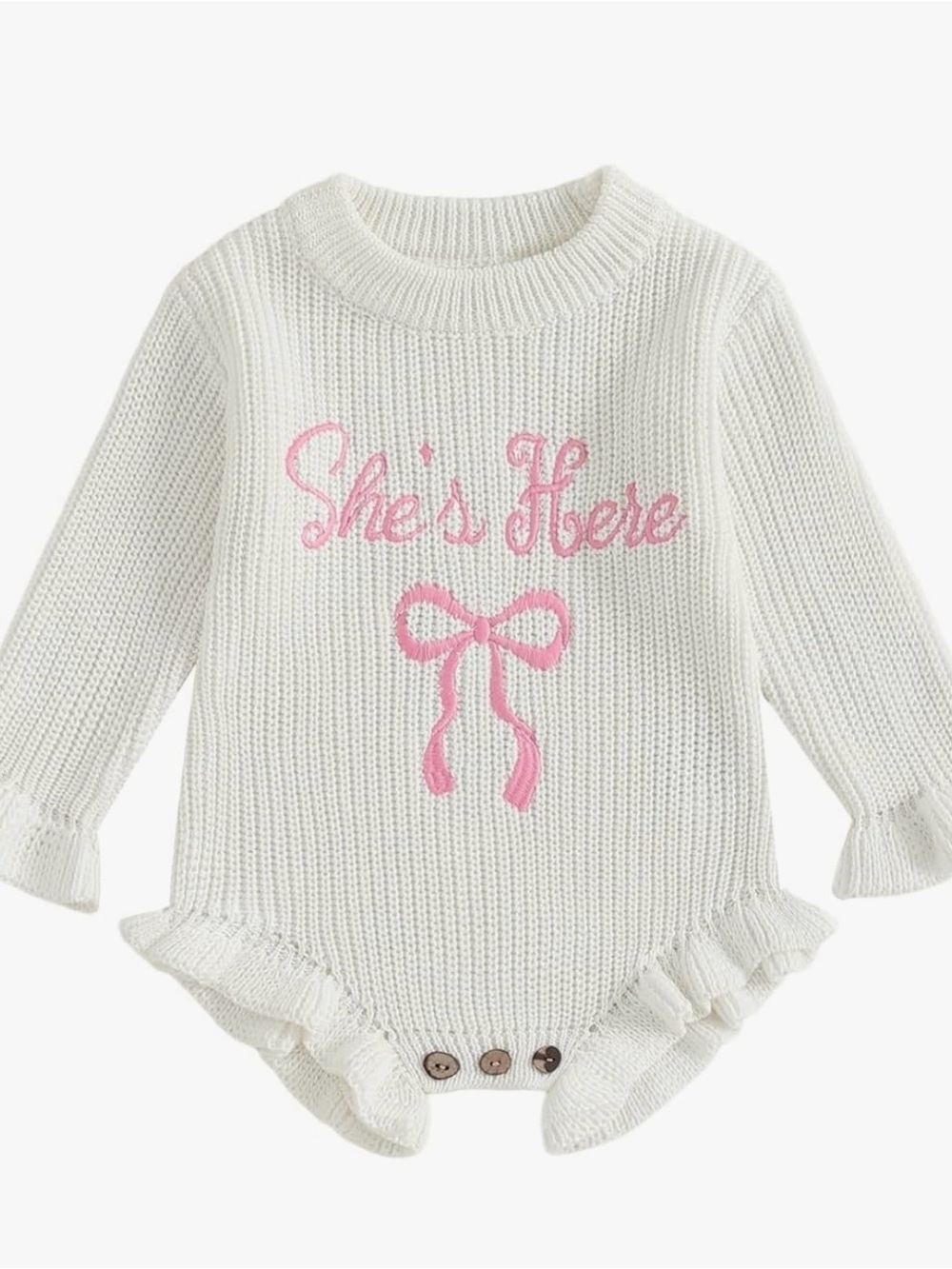 Knit 'She's Here' Baby One-Piece Bodysuit - White with Pink Embroidery